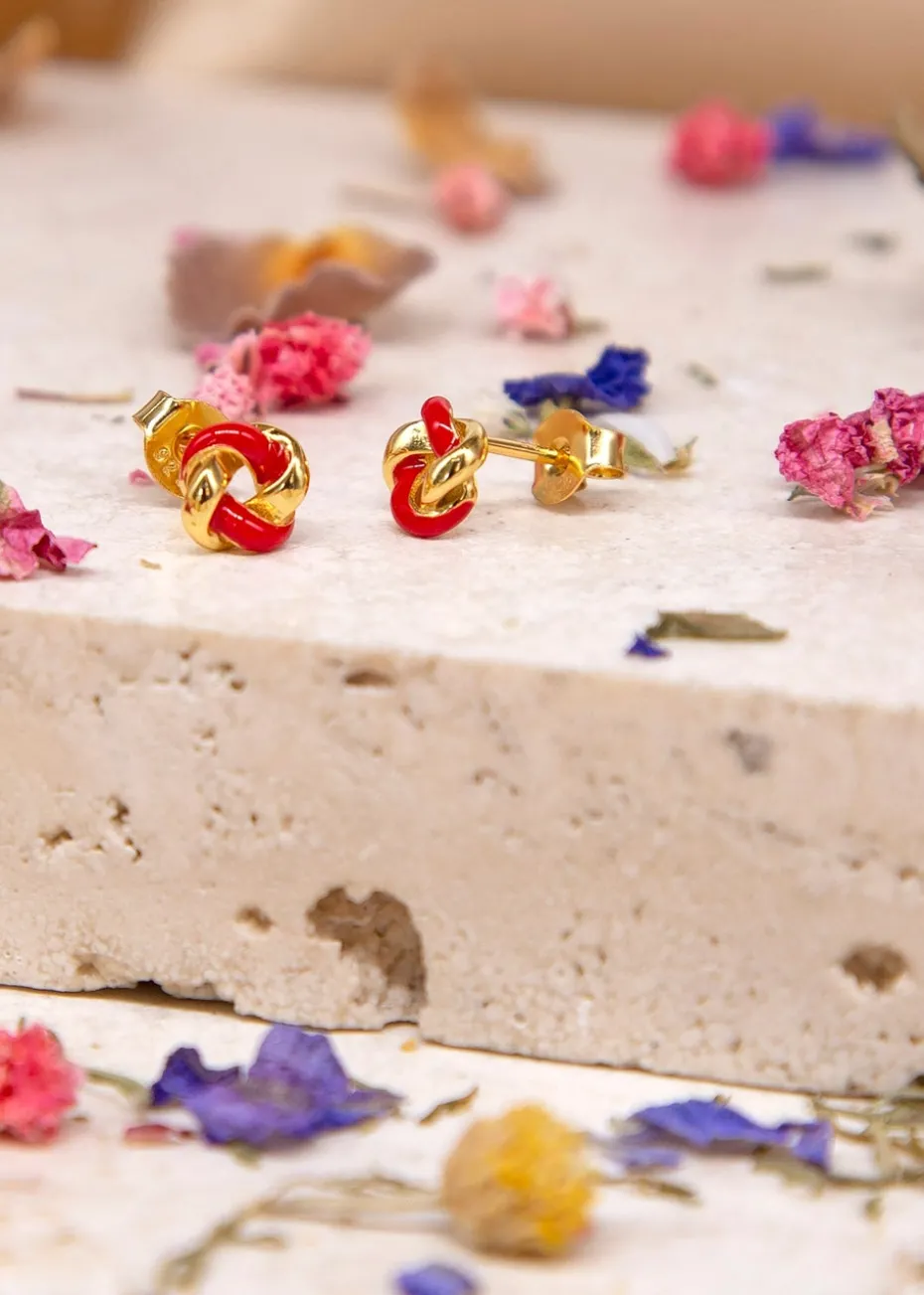 Golden Moments Yellow Gold Plated Red Enamel Small Knot Studs