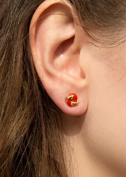 Golden Moments Yellow Gold Plated Red Enamel Small Knot Studs