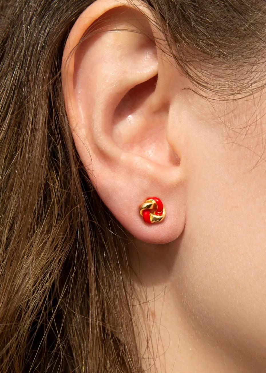 Golden Moments Yellow Gold Plated Red Enamel Small Knot Studs