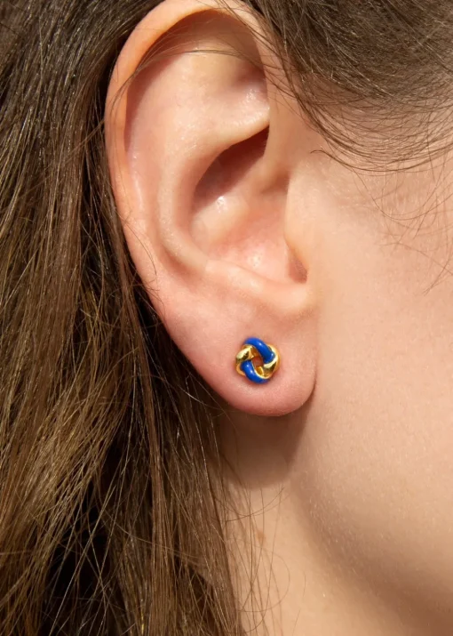 Golden Moments Yellow Gold Plated Blue Enamel Small Knot Studs