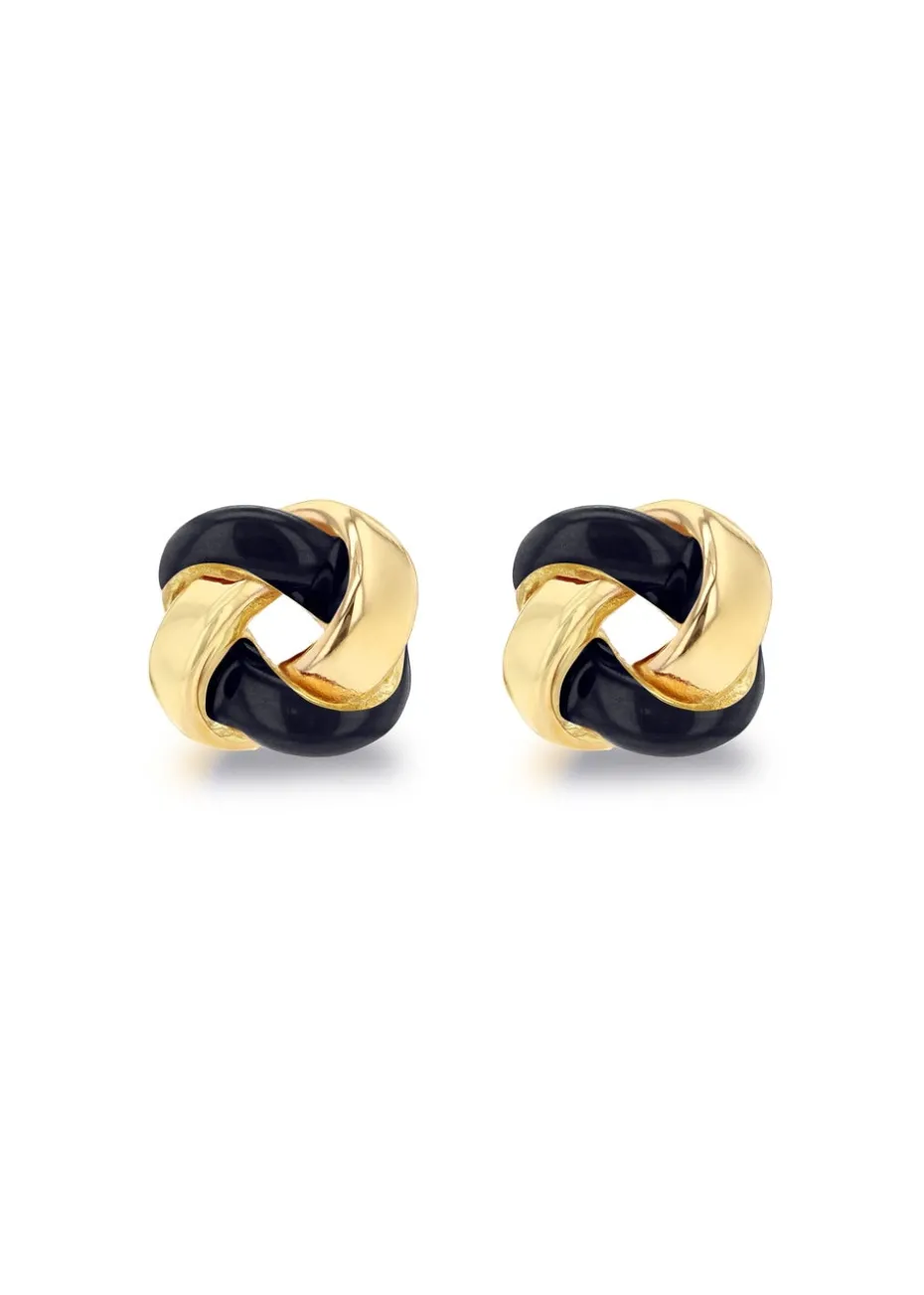 Golden Moments Yellow Gold Plated Black Enamel Small Knot Studs