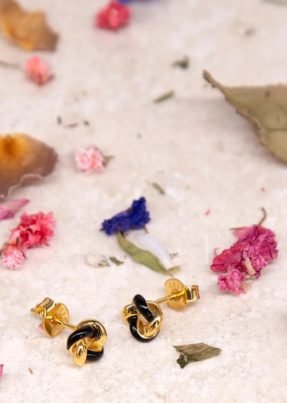 Golden Moments Yellow Gold Plated Black Enamel Small Knot Studs