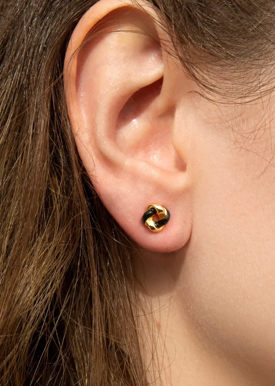 Golden Moments Yellow Gold Plated Black Enamel Small Knot Studs