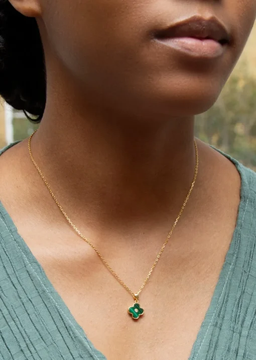 Golden Moments Yellow Gold Plated Clover Malachite and CZ Necklace
