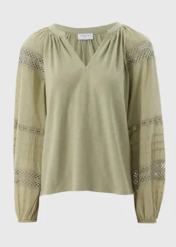 Green Broderie Anglaise Long Sleeve Top