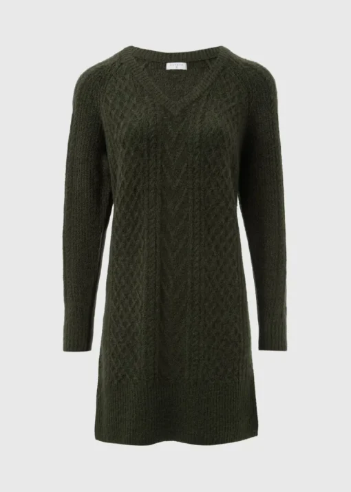 Green Cable Knit V-Neck Mini Dress