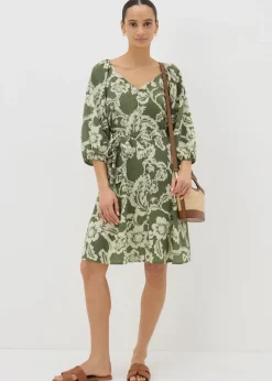 Green Floral Belted Mini Tea Dress