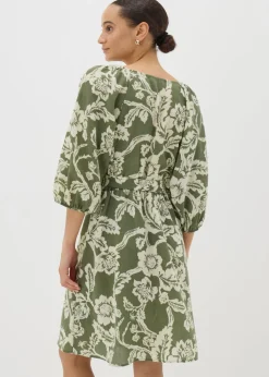Green Floral Belted Mini Tea Dress