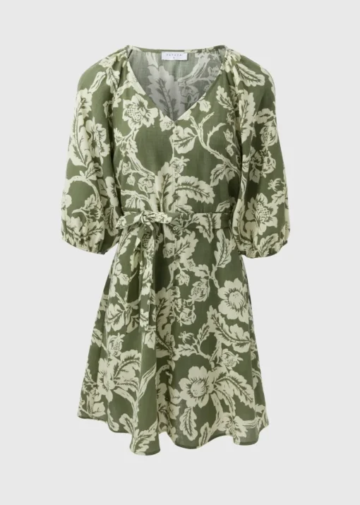 Green Floral Belted Mini Tea Dress