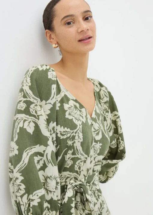 Green Floral Belted Mini Tea Dress