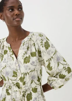 Green Floral Raglan Midi Shirt Dress