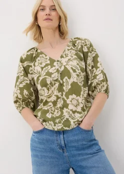 Green Floral V-Neck Tea Top