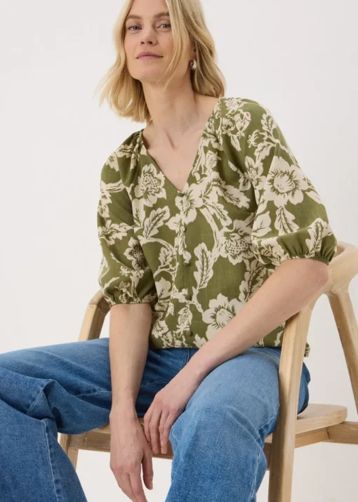 Green Floral V-Neck Tea Top