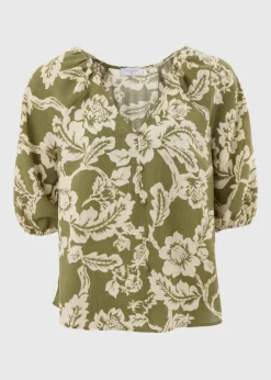 Green Floral V-Neck Tea Top