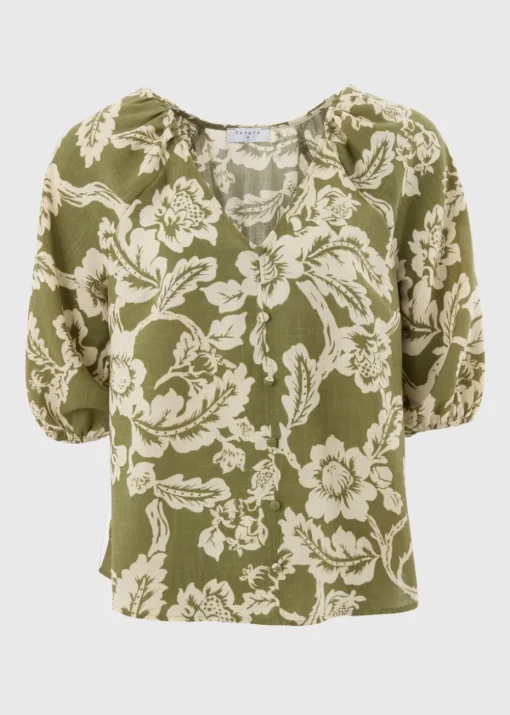 Green Floral V-Neck Tea Top