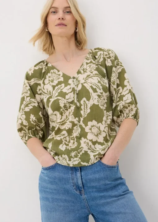 Green Floral V-Neck Tea Top