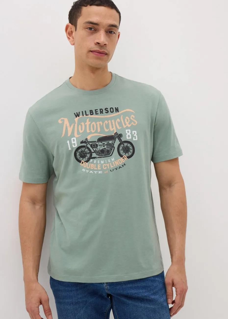 Green Motorcycle Print T-Shirt