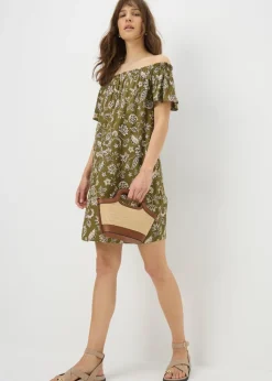 Green Paisley Print Bardot Mini Dress