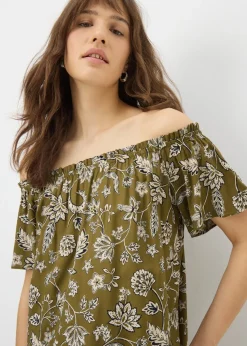 Green Paisley Print Bardot Mini Dress