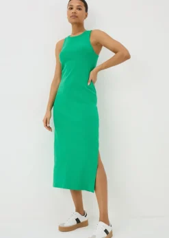 Green Racer Back Ribbed Midi Dress
