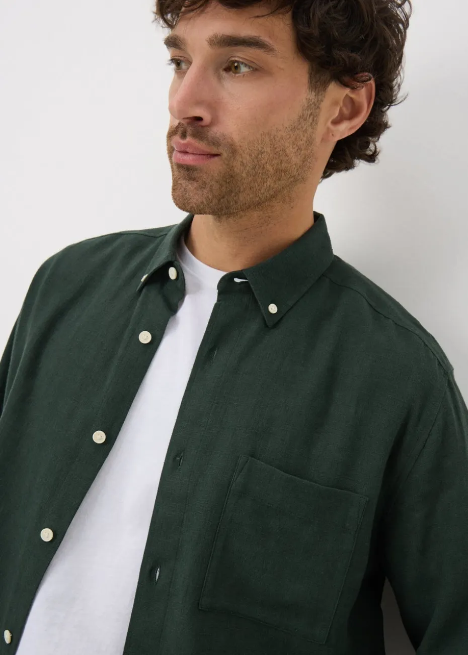 Green Roll Sleeve Linen Blend Shirt