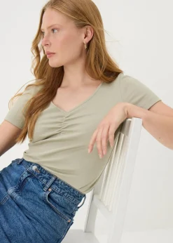Green Ruched V-Neck T-Shirt