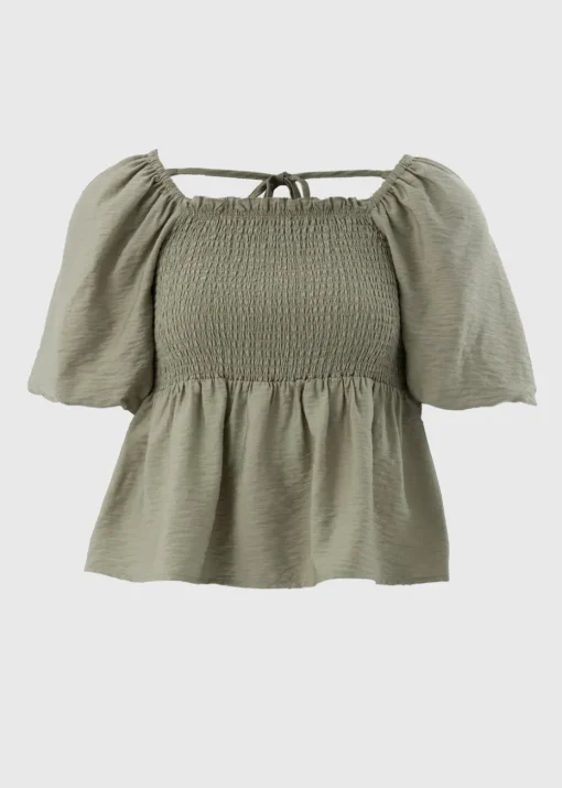 Green Shirred Tie Back Blouse