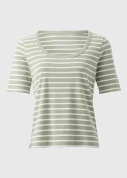 Green Stripe Ribbed Scoop Neck Top