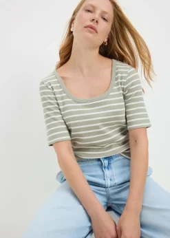 Green Stripe Ribbed Scoop Neck Top