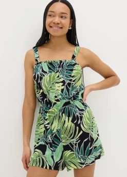 Green Tropical Leaf Print Playsuit
