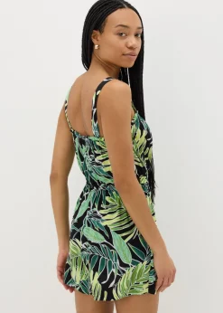 Green Tropical Leaf Print Playsuit