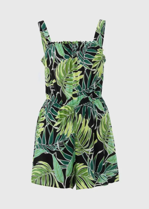 Green Tropical Leaf Print Playsuit