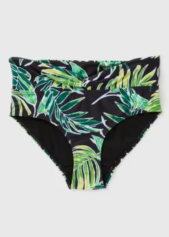 Green Tropical Leaf Print Bikini Bottoms