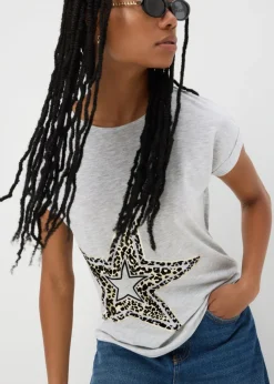 Grey Animal Flocked Star Graphic T-Shirt