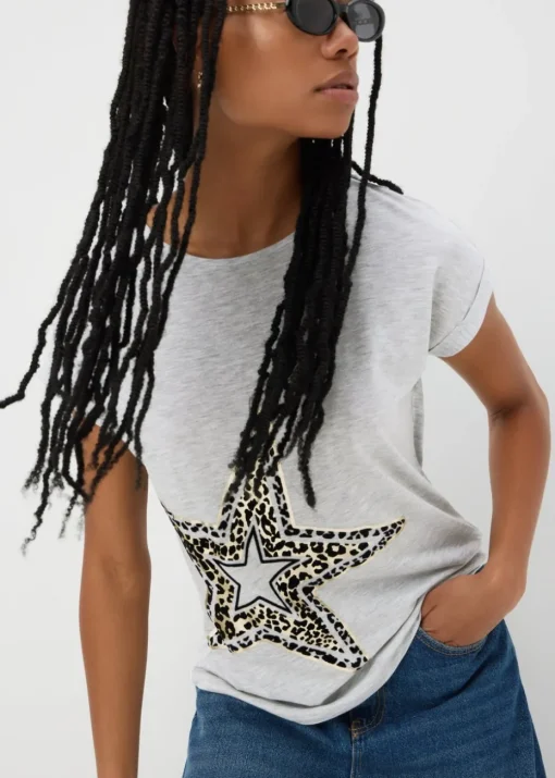 Grey Animal Flocked Star Graphic T-Shirt