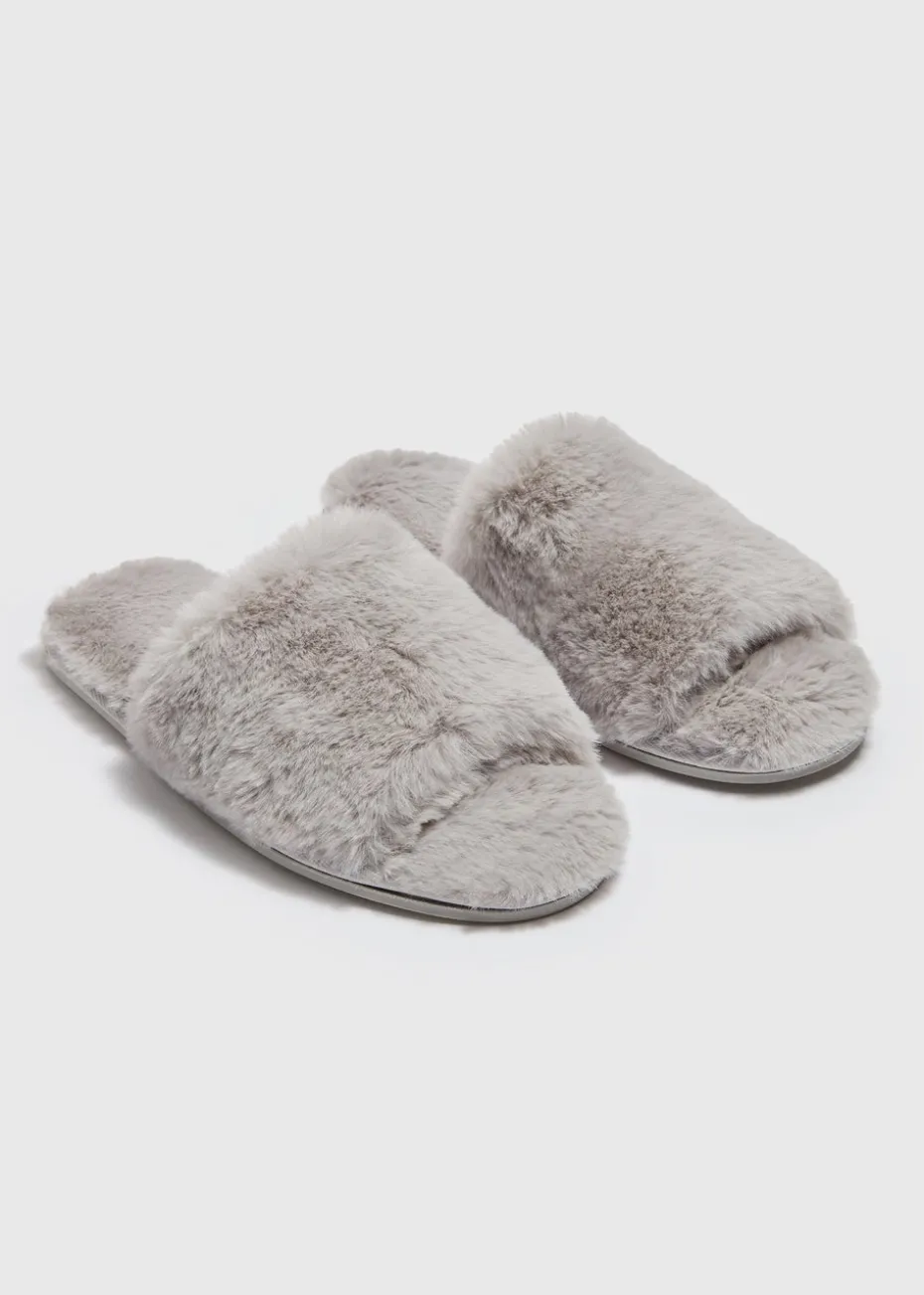 Grey Faux Fur Slider Slippers