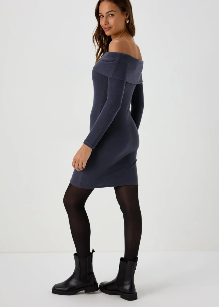 Grey Rib Bardot Mini Dress