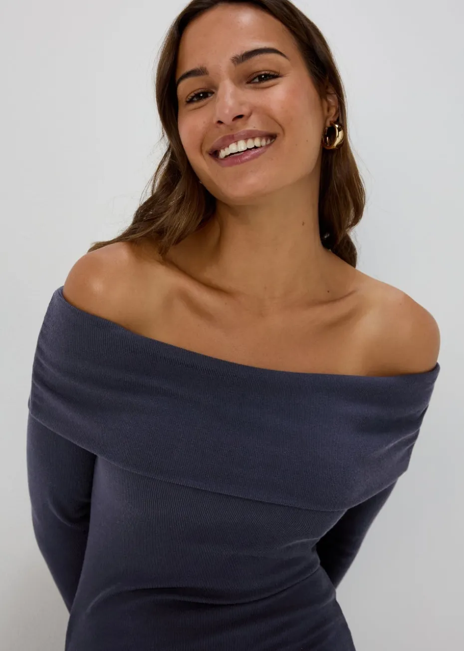 Grey Rib Bardot Mini Dress