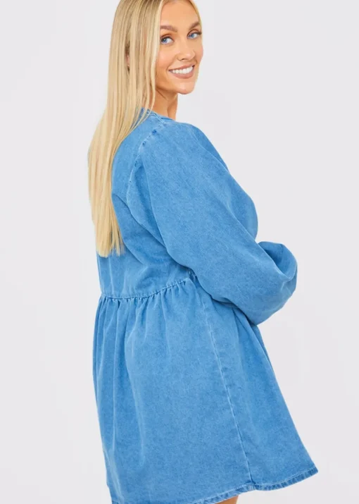 In The Style Light Blue V Neck Denim Dress