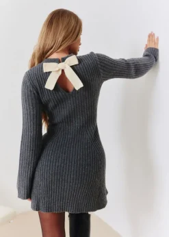 In The Style Perrie Sian Charcoal Knitted Bow Skater Dress