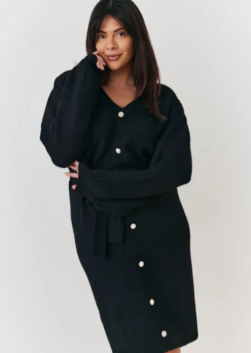 In The Style Stacey Solomon Black Pearl Button Detail Knit Belted Mini Dress