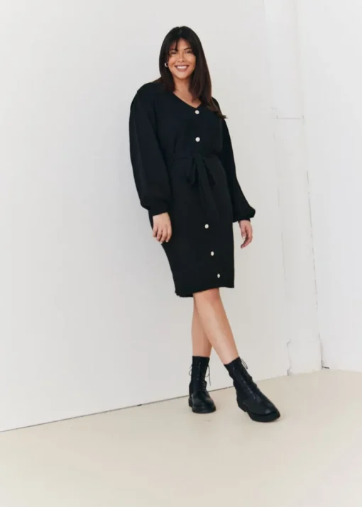 In The Style Stacey Solomon Black Pearl Button Detail Knit Belted Mini Dress