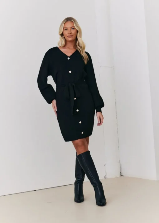 In The Style Stacey Solomon Black Pearl Button Detail Knit Belted Mini Dress