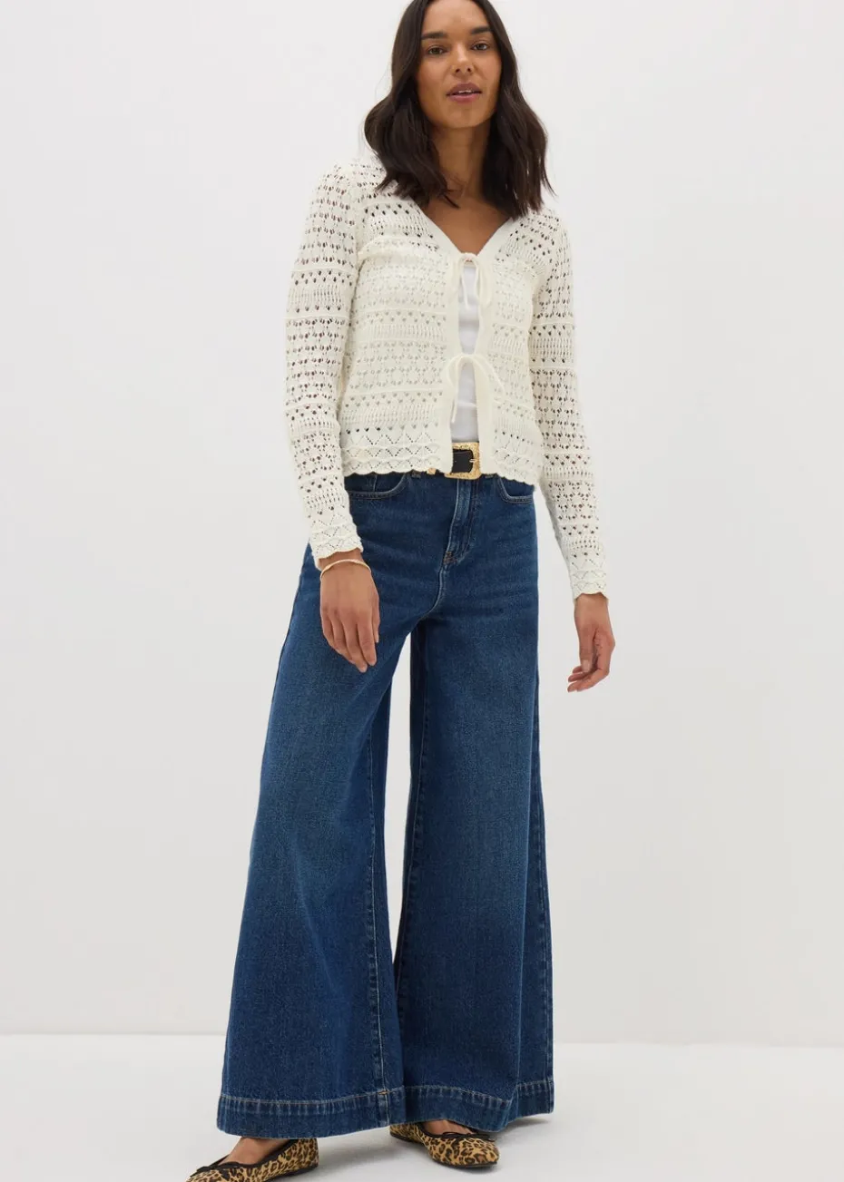 Ivory Pointelle Tie Front Cardigan