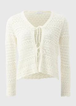 Ivory Pointelle Tie Front Cardigan