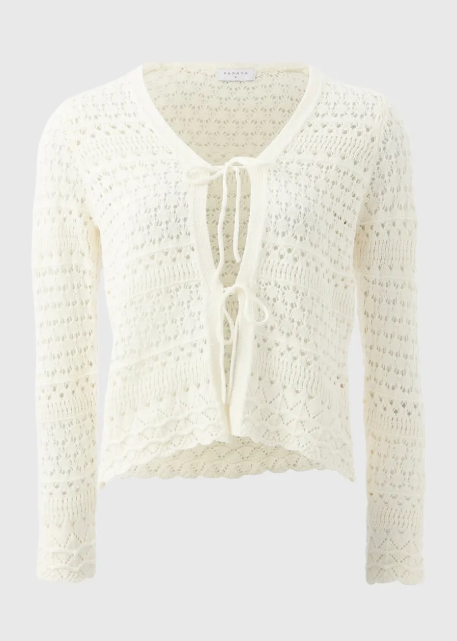 Ivory Pointelle Tie Front Cardigan