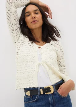 Ivory Pointelle Tie Front Cardigan