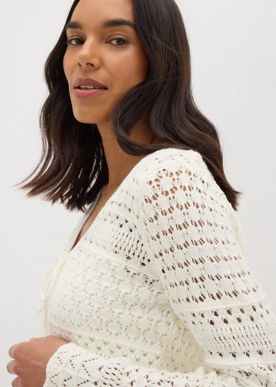 Ivory Pointelle Tie Front Cardigan
