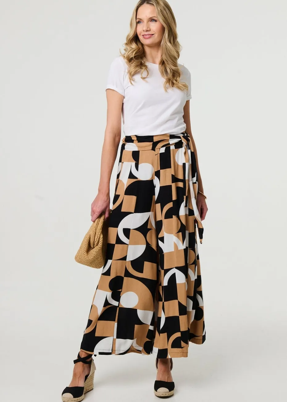 Izabel London Beige Abstract High Waist Wide Leg Trousers