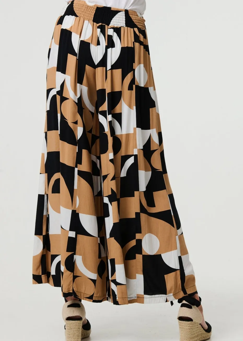 Izabel London Beige Abstract High Waist Wide Leg Trousers